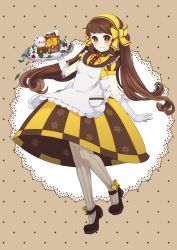 Rule 34 | 1girl, apron, bird, black footwear, blush, bow, breasts, brown eyes, brown hair, cup, doily, dress, food-themed clothes, gloves, hair bow, hairband, highres, holding, lace, lace-trimmed gloves, lace trim, long hair, mary janes, pantyhose, patch, patterned legwear, platform footwear, ribbon, sadmizz, shoes, simple background, snowflake print, solo, standing, striped bow, striped clothes, striped dress, tray, twintails, white gloves, yukico-tan, yukijirushi