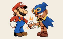 Rule 34 | 2boys, brown hair, face-to-face, facial hair, geno (mario), handshake, hat, highres, looking at viewer, male focus, mario, mario (series), multiple boys, mustache, nintendo, overalls, puppet, square enix, standing, super mario rpg