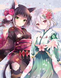 Rule 34 | 2girls, animal ear fluff, antenna hair, bell, black hair, black kimono, blush, bow, closed mouth, commentary request, egasumi, floral background, floral print, flower, frilled sleeves, frills, green bow, green eyes, green hakama, grey background, hair between eyes, hair bun, hair flower, hair ornament, hakama, hakama skirt, ichiyou moka, japanese clothes, jingle bell, karyl (new year) (princess connect!), karyl (princess connect!), kimono, kokkoro (new year) (princess connect!), kokkoro (princess connect!), long sleeves, miko, multicolored hair, multiple girls, obi, pink flower, pointy ears, princess connect!, print kimono, red eyes, red flower, ribbon-trimmed sleeves, ribbon trim, sash, single hair bun, skirt, smile, streaked hair, white flower, white hair, white kimono, wide sleeves