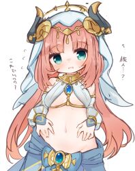 Rule 34 | 1girl, blue eyes, blue gemstone, blue veil, blush, breasts, brooch, circlet, dancer, detached sleeves, fake horns, gem, genshin impact, gold trim, harem outfit, highres, horns, jewelry, looking at viewer, medium breasts, navel, neck ring, nilou (genshin impact), open mouth, puffy sleeves, red hair, simple background, skirt, solo, stomach, sunapua, sweatdrop, veil, white background, white headdress, white veil