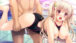 Rule 34 | 1boy, 1girl, ahoge, arm support, asahina konomi, ass, barefoot, between breasts, blonde hair, blush, bow, breasts, breasts out, cherry, clothed female nude male, clothed sex, clothing aside, collarbone, cum, cum in pussy, feet, food, fruit, game cg, green bow, guilty, hair bow, hair ornament, held up, hetero, indoors, large breasts, long hair, nipples, nude, one-piece swimsuit, open mouth, pool, rape, red eyes, sex, solo focus, swimsuit, swimsuit aside, toriko no (series), toriko no kusari, vaginal, water