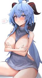Rule 34 | 1girl, absurdres, ahoge, alternate costume, bare arms, bare shoulders, between breasts, blue hair, bow, breasts, breasts out, clothes between breasts, commentary request, covering privates, covering breasts, flying sweatdrops, ganyu (genshin impact), genshin impact, goat horns, grey sweater, hair between eyes, hair bow, hands on own chest, highres, horn/wood, horns, large breasts, long hair, looking at viewer, meme attire, ponytail, sidelocks, simple background, sitting, sleeveless, solo, speech bubble, spoken blush, sweat, sweater, thighs, turtleneck, turtleneck sweater, virgin killer sweater, white background