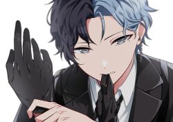 Rule 34 | 1boy, adjusting clothes, adjusting gloves, aoyagi touya, biting, black gloves, black necktie, blue hair, collared shirt, commentary request, dark blue hair, earrings, glove biting, gloves, grey eyes, hands up, highres, jewelry, lapels, long hair, looking at viewer, male focus, mole, mole under eye, momiji 11 12, multicolored hair, necktie, pov, project sekai, shirt, short hair, simple background, solo, split-color hair, teeth, two side up, upper body, white background, zozotown