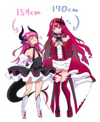 Rule 34 | 2girls, baobhan sith (fate), baobhan sith (first ascension) (fate), bare shoulders, black dress, blush, boots, breasts, center frills, closed eyes, curled horns, detached collar, detached sleeves, dragon girl, dragon horns, dragon tail, dress, earrings, elizabeth bathory (fate), elizabeth bathory (first ascension) (fate), fate/extra, fate/grand order, fate (series), frills, full body, grey eyes, hair ribbon, height chart, highres, horns, jewelry, large breasts, layered skirt, long hair, multiple girls, pink hair, pointy ears, red dress, red footwear, ribbon, sidelocks, size comparison, skirt, small breasts, smile, tail, thigh boots, thighhighs, tiara, two side up, white skirt, yamagara tasuku