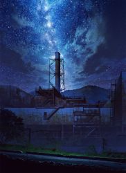 Rule 34 | building, chain-link fence, commentary request, damaged, fence, grass, highres, ladder, milky way, mocha (cotton), mountain, night, night sky, no humans, original, outdoors, railing, road, ruins, rust, scenery, sky, stairs, star (sky), starry sky, tree