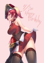 Rule 34 | 1girl, aya (lezon), bare shoulders, belt, black coat, black leotard, black thighhighs, bodystocking, breasts, brown belt, clothes lift, coat, covered navel, crop top, from below, gem, gloves, hair between eyes, hair ribbon, happy birthday, hat, highres, holding, holding clothes, holding coat, hololive, houshou marine, jacket, large breasts, leotard, leotard under clothes, lifted by self, long hair, looking at viewer, military jacket, miniskirt, pink background, pirate, pirate hat, pleated skirt, red eyes, red hair, red ribbon, red skirt, red vest, ribbon, see-through, see-through leotard, simple background, skirt, skirt lift, solo, thighhighs, thighs, twintails, two-tone skirt, unworn coat, vest, virtual youtuber, white gloves