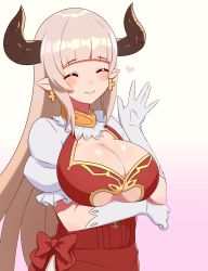Rule 34 | 1girl, alicia (granblue fantasy), bad id, bad pixiv id, blush, breasts, center opening, cleavage, closed eyes, clothing cutout, draph, dress, earrings, gloves, gradient background, granblue fantasy, heart, highres, horns, jewelry, large breasts, long hair, pointy ears, puffy short sleeves, puffy sleeves, short sleeves, silver hair, simple background, smile, solo, underboob, underboob cutout, upper body, very long hair, waving, white gloves