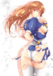 Rule 34 | 1girl, ass, blush, breasts, brown eyes, brown hair, choker, cowboy shot, dead or alive, from behind, highres, japanese clothes, kasumi (doa), kettsu, long hair, looking at viewer, looking back, medium breasts, ninja, panties, parted lips, pelvic curtain, puffy short sleeves, puffy sleeves, sash, short sleeves, sideboob, solo, thighhighs, torn clothes, torn thighhighs, underwear, white panties, white thighhighs, wrist wrap