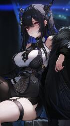 Rule 34 | 1girl, absurdres, asymmetrical horns, belt, black belt, black hair, blue hair, breasts, clothing cutout, colored inner hair, demon horns, fur trim, garter straps, hair ornament, highres, hololive, hololive english, horns, koahri, large breasts, long hair, looking at viewer, mole, mole under eye, multicolored hair, nerissa ravencroft, nerissa ravencroft (1st costume), red eyes, shoulder cutout, sitting, skindentation, solo, thigh strap, two-tone hair, uneven horns, virtual youtuber