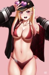 Rule 34 | 1girl, :d, bikini, bikini under clothes, blonde hair, blush, breasts, cleavage, cosplay, ear piercing, earrings, eyewear on headwear, finalcake, gradient hair, hat, highres, hololive, houshou marine, houshou marine (cosplay), houshou marine (summer), jacket, jewelry, kitagawa marin, large breasts, looking at viewer, multicolored hair, nail polish, navel, necklace, open mouth, piercing, pink background, pink hair, pink nails, red bikini, red eyes, simple background, sleeves past wrists, smile, solo, sono bisque doll wa koi wo suru, sunglasses, swimsuit, teeth, v, virtual youtuber