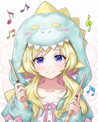 Rule 34 | 1girl, animal ears, blonde hair, blue eyes, blush, bow, buttons, closed mouth, collarbone, commentary request, cosplay, drumsticks, hands up, holding, holding drumsticks, hololive, kigurumi, long hair, long sleeves, mirukurim, musical note, pink bow, sheep ears, sheep girl, shirt, smile, solo, tsunomaki watame, tsunomaki watame (loungewear), upper body, virtual youtuber, white shirt