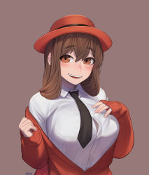 Rule 34 | 1girl, :d, absurdres, black necktie, blush, breasts, brown eyes, brown hair, brown hat, brown jacket, commentary request, hair between eyes, hat, highres, jacket, jdw, large breasts, long hair, looking at viewer, necktie, off shoulder, open mouth, original, shirt, signature, simple background, sleeves past wrists, smile, solo, teeth, upper body, upper teeth only, white shirt