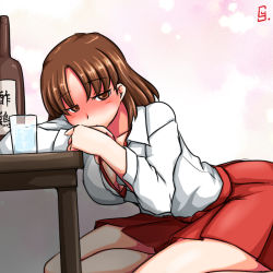 Rule 34 | blush, bottle, breasts, brown eyes, brown hair, chiyoda (kancolle), cy301, drunk, glasses, kantai collection, kneeling, large breasts, leaning on table, looking to the side, medium hair, open clothes, open shirt, simple background, solo, thighs