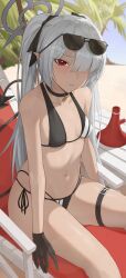 Rule 34 | 1girl, beach, beach chair, bikini, black bikini, black gloves, blue archive, breasts, dark-skinned female, dark skin, day, demon tail, eyewear on head, gloves, grey hair, halo, highres, iori (blue archive), iori (swimsuit) (blue archive), megaphone, navel, outdoors, pointy ears, red eyes, sitting, small breasts, solo, stomach, sunglasses, swimsuit, tail, thigh strap, twintails, weimiaw