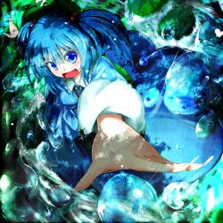 Rule 34 | 1girl, backpack, bag, blue hair, bubble, female focus, giorgio claes, hair bobbles, hair ornament, hat, highres, kawashiro nitori, long sleeves, open mouth, outstretched arms, short hair, solo, touhou, twintails, two side up