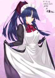 Rule 34 | 1girl, alternate costume, apron, apron hold, artist name, black dress, black gloves, blue hair, blush, breasts, brown hair, closed eyes, collared dress, cowboy shot, dated, dress, enmaided, fate/grand order, fate (series), floral background, gloves, hair ribbon, high ponytail, juliet sleeves, katou danzou (fate), long hair, long sleeves, looking at viewer, maid, medium breasts, neck ribbon, parted bangs, pink background, pink ribbon, puffy sleeves, purple ribbon, ribbon, sebire, sidelocks, skirt hold, smile, solo, standing, translation request, very long hair, white apron