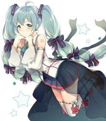 Rule 34 | 1girl, ahoge, bare shoulders, black bow, black skirt, blush, bow, brown footwear, closed mouth, commentary request, detached sleeves, green eyes, green hair, hair between eyes, hair bow, hair ornament, hands up, hatsune miku, leafwow, long hair, long sleeves, looking at viewer, multi-tied hair, pink bow, pleated skirt, see-through, shirt, shoes, simple background, skirt, sleeveless, sleeveless shirt, smile, solo, star (symbol), striped, striped bow, thighhighs, twintails, very long hair, vocaloid, white background, white shirt, white thighhighs, wide sleeves