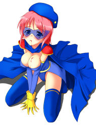 Rule 34 | 1990s (style), 1girl, beret, blood, blue eyes, blue mage, blush, breasts, cape, cleavage, elbow gloves, covered erect nipples, female focus, final fantasy, final fantasy v, full body, glasses, gloves, hat, lenna charlotte tycoon, leotard, pink hair, short hair, shoulder pads, sitting, solo, thighhighs, uchouten, white background