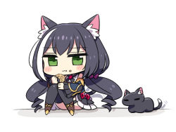 Rule 34 | 1girl, animal ear fluff, animal ears, black hair, black thighhighs, blush, cat, cat ears, cat girl, cat tail, chan co, chibi, eating, food, food on face, green eyes, karyl (princess connect!), multicolored hair, onigiri, princess connect!, simple background, solo, streaked hair, tail, thighhighs, white background