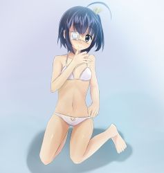 Rule 34 | 10s, 1girl, ahoge, breasts, chuunibyou demo koi ga shitai!, eyepatch, flat chest, highres, kneeling, one side up, open mouth, short hair, simple background, small breasts, smile, solo, sonyntendo, takanashi rikka, underwear, underwear only