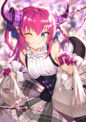 Rule 34 | 1girl, asymmetrical horns, bag, blouse, blue eyes, blurry, blurry background, blush, breasts, btraphen, casual, closed mouth, curled horns, day, detached sleeves, dragon girl, dragon horns, dragon tail, dress, elizabeth bathory (fate), elizabeth bathory (fate/extra ccc), elizabeth bathory (second ascension) (fate), fang, fang out, fate/extra, fate/extra ccc, fate/grand order, fate (series), finger cots, finger gloves, highres, holding, holding bag, horns, long hair, looking at viewer, one eye closed, outdoors, pink hair, pointy ears, ribbon, shirt, sidelocks, sleeveless, sleeveless shirt, small breasts, smile, solo, tail, two side up, uneven horns