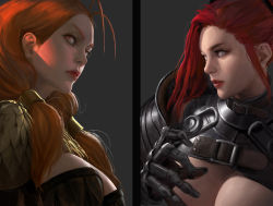 Rule 34 | 2girls, antenna hair, armor, breasts, cleavage, concept art, gauntlets, grey background, hair ornament, hand up, highres, hunting era, large breasts, long hair, looking afar, looking at viewer, looking up, multiple girls, orange eyes, orange hair, parted lips, profile, realistic, red hair, sangsoo jeong, sidelocks, simple background, two side up, upper body