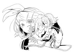 Rule 34 | 1girl, belt, bow hairband, bug, centipede, closed mouth, cropped shirt, cropped shoulders, detached sleeves, empty eyes, greyscale, hair ornament, hairband, hairclip, hand on own leg, hand on own shoulder, highres, insect in ear, insect on face, kagamine rin, knee up, leg warmers, looking at viewer, looking down, midriff, monochrome, multiple views, number tattoo, projected inset, sailor collar, shirt, shoes, short hair, short shorts, shorts, shoulder tattoo, simple background, sitting, sleeveless, sleeveless shirt, smile, swept bangs, tattoo, tokita (jyabarachan), vocaloid