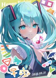 Rule 34 | 1girl, aqua eyes, aqua hair, black sleeves, blush, closed mouth, collar, commentary request, dated, detached sleeves, frilled collar, frilled sleeves, frills, hair between eyes, hair ornament, hand up, happy birthday, hatsune miku, headphones, headset, long hair, long sleeves, microphone, musical note, open hand, shirt, sleeveless, sleeveless shirt, smile, soda dokka ikou, solo, twintails, upper body, vocaloid, white shirt, wide sleeves