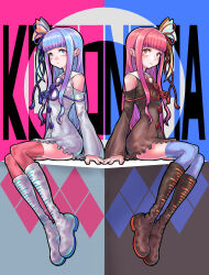 Rule 34 | 2girls, absurdres, alternate eye color, arched back, arm support, black dress, black footwear, blue eyes, blue hair, blue ribbon, blue thighhighs, blunt bangs, blush, boots, character name, closed mouth, collared dress, commentary request, cube, detached sleeves, dress, flower knot, full body, hair ribbon, highres, knee boots, kotonoha akane, kotonoha aoi, long hair, looking at viewer, mashima jirou, multiple girls, pink eyes, pink hair, pink thighhighs, red ribbon, ribbon, short dress, siblings, sidelocks, sisters, sitting, sleeveless, sleeveless dress, smile, symmetry, thighhighs, upturned eyes, voiceroid, white dress, white footwear