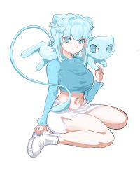 Rule 34 | 1girl, alternate color, annie lyce, blouse, blue eyes, blue hair, blue nails, blue shirt, breasts, commentary, cone hair bun, creatures (company), cropped shirt, english commentary, full body, game freak, gen 1 pokemon, hair bun, highres, holding hands, legendary pokemon, long sleeves, long tail, looking at viewer, medium breasts, mew (pokemon), midriff, miniskirt, mythical pokemon, nail polish, navel, navel piercing, nintendo, pencil skirt, personification, piercing, pokemon, pokemon (creature), shiny pokemon, shirt, short hair, sidelocks, simple background, sitting, skirt, smile, tail, wariza, white background, white footwear, white skirt