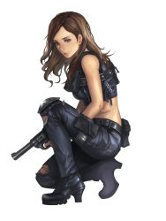 Rule 34 | 1girl, bad id, bad pixiv id, belt, blue eyes, boots, brown hair, cross-laced footwear, full body, gun, handgun, knee pads, kneeling, lapucelle (arasoo1210), lips, long hair, midriff, on one knee, original, revolver, simple background, solo, thigh strap, torn clothes, weapon, white background, zipper
