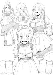 Rule 34 | 1girl, alcohol, apron, beer, blush, braid, breasts, cleavage, full body, greyscale, haioku colonel, highres, long hair, looking at viewer, monochrome, multiple views, open mouth, original, simple background, smile, solo, twin braids, white background