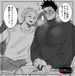 Rule 34 | 2boys, bara, beard stubble, blush, boku no hero academia, breath, bssku, endeavor (boku no hero academia), facial hair, greyscale, hawks (boku no hero academia), highres, huge pectorals, male focus, mature male, monochrome, multiple boys, muscular, muscular male, own hands together, recording, scar, scar across eye, scar on face, short hair, sideburns, spiked hair, stubble, translation request, unfinished, viewfinder, yaoi