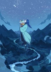 Rule 34 | 2boys, absurdres, abyff14, arm up, black hair, cloud, flying, highres, holding person, long hair, luo xiaohei, luo xiaohei (human), luo xiaohei zhanji, mountain, multiple boys, night, outdoors, plantar flexion, profile, river, short hair, sky, star (sky), starry sky, very long hair, white hair, wide shot, wuxian (the legend of luoxiaohei)