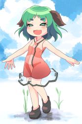 Rule 34 | 1girl, :3, adapted costume, animal ears, black footwear, blush, breasts, cattail, commentary, dog ears, dress, fangs, full body, green eyes, green hair, highres, kasodani kyouko, looking at viewer, open mouth, pink dress, plant, shoes, short hair, sleeveless, sleeveless dress, small breasts, smile, solo, touhou, ugif