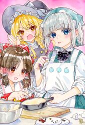 3girls :d apron batter black_bow black_bowtie black_hat black_vest blonde_hair blue_eyes blunt_bangs blunt_ends blush bow bowl bowtie brown_hair censored censored_identity collared_shirt commentary_request cooking detached_sleeves egg frilled_bow frills green_vest grey_hair hair_bow hair_tubes hakurei_reimu hat headscarf hello_kitty hello_kitty_(character) highres hitodama_print holding holding_spatula kirisame_marisa kitchen_scale konpaku_youmu mosaic_censoring multiple_girls open_mouth painting_(medium) red_bow red_eyes sanrio shirt sleeves_past_elbows sleeves_rolled_up smile spatula tasting tongue tongue_out touhou traditional_media v-shaped_eyebrows vest watercolor_(medium) weighing_scale white_apron white_bow white_shirt white_sleeves witch_hat yamada_sakura yellow_eyes