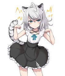 Rule 34 | 1girl, ahoge, animal ear fluff, animal ears, bad id, bad twitter id, bare arms, black skirt, blue eyes, blush, cat ears, cat girl, cat tail, closed mouth, collarbone, commentary, cowboy shot, frilled skirt, frills, frown, grey hair, hair between eyes, highres, looking at viewer, medium hair, nonono mino, original, paw pose, shirt, simple background, skirt, sleeveless, sleeveless shirt, solo, tail, white background, white shirt