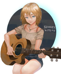 Rule 34 | 1girl, acoustic guitar, allison (summer lesson), blonde hair, blue eyes, canking, denim, denim shorts, gradient background, guitar, instrument, jewelry, looking at viewer, necklace, short hair, short shorts, shorts, smile, solo, summer lesson, thighs