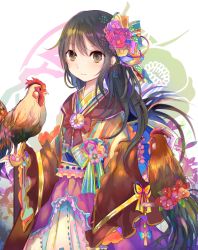 Rule 34 | 1girl, animal, bird, black hair, brown eyes, chicken, chinese zodiac, flower, hair flower, hair ornament, happy new year, japanese clothes, kazu (muchuukai), kimono, long hair, new year, original, rooster, solo, year of the rooster
