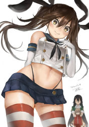 Rule 34 | 3girls, arm behind back, bare shoulders, black hair, black neckerchief, black panties, blonde hair, blue sailor collar, blue skirt, blurry, blurry background, blush, breasts, brown hair, buttons, chikuma (kancolle), commentary request, cosplay, cowboy shot, crop top, dated, elbow gloves, eyebrows hidden by hair, gloves, green shirt, grey eyes, groin, hair between eyes, hair ribbon, hand on own chest, hands on another&#039;s shoulders, highleg, highleg panties, jacket, kantai collection, long hair, long sleeves, looking at viewer, medium breasts, microskirt, midriff, multiple girls, navel, neckerchief, panties, puffy short sleeves, puffy sleeves, red jacket, red legwear, ribbon, sailor collar, school uniform, serafuku, shaded face, shimakaze (kancolle), shimakaze (kancolle) (cosplay), shirt, short sleeves, sidelocks, signature, simple background, skindentation, skirt, sleeveless, sleeveless shirt, smile, solo focus, standing, striped clothes, striped legwear, striped thighhighs, thighhighs, toka (marchlizard), tone (kancolle), track jacket, twintails, underwear, white background, white gloves, white legwear, white shirt, zettai ryouiki