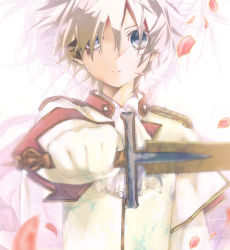Rule 34 | 1boy, alternate costume, blonde hair, blue eyes, blurry, depth of field, hekicha, kagamine len, looking at viewer, male focus, petals, solo, sword, vocaloid, weapon, zoom layer