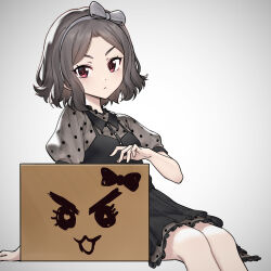 Rule 34 | 1girl, arm support, black dress, bow, bow hairband, box, breasts, cardboard box, closed mouth, commentary, dot nose, dress, ebizuka tomo, feet out of frame, frilled dress, frills, frown, girls band cry, grey bow, grey hair, grey hairband, hairband, hand up, head tilt, highres, knees, layered dress, light blush, looking at viewer, parted bangs, pleated dress, polka dot, polka dot dress, puffy short sleeves, puffy sleeves, red eyes, see-through silhouette, short hair, short sleeves, sidelocks, simple background, sitting, small breasts, solo, thick eyebrows, three quarter view, ttc, turning head, v-shaped eyebrows, wavy hair, white background