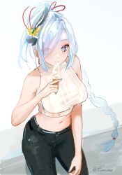 Rule 34 | 1girl, absurdres, bare arms, bare shoulders, black pants, blue eyes, blue nails, breasts, commentary, cowboy shot, crop top, food, fujito (call f ), genshin impact, hair ornament, hair over one eye, highres, holding, holding food, ice cream, large breasts, leggings, long braid, long hair, looking at viewer, midriff, nail polish, navel, pants, shenhe (genshin impact), shirt, sleeveless, sleeveless shirt, solo, standing, stomach, thighs, very long hair, white hair