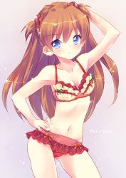 Rule 34 | 1girl, arm up, bikini, blue eyes, blush, breasts, brown hair, cleavage, ech, frilled bikini, frills, hair ornament, hand on own hip, long hair, looking at viewer, navel, neon genesis evangelion, simple background, solo, souryuu asuka langley, swimsuit, twintails, two side up