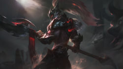 Rule 34 | 1boy, absurdres, armor, character request, check character, dark skin, from side, helm, helmet, highres, holding, holding weapon, league of legends, long hair, looking at viewer, muscular, muscular male, outdoors, polearm, red eyes, shoulder armor, sideways glance, solo, spear, weapon, white hair, wutu (1183238220), xin zhao