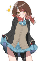 Rule 34 | 1girl, absurdres, black jacket, blazer, blue bow, blue bowtie, blue skirt, bow, bowtie, brown hair, cardigan, glasses, highres, hololive, jacket, long hair, looking at viewer, low twintails, pleated skirt, roboco-san, simple background, sketch, skirt, skirt hold, solo, standing, twintails, upper body, virtual youtuber, white background, yellow eyes, yuuzuki (re&#039;ef)