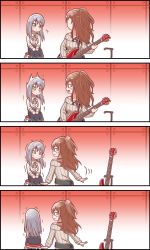 Rule 34 | 2girls, 4koma, :3, bang dream!, black skirt, blush, brown hair, center frills, comic, earrings, electric guitar, embarrassed, frills, grey hair, grey sweater, guitar, guitar stand, half updo, hands on lap, highres, holding, holding instrument, imai lisa, indoors, instrument, jewelry, kyou (fr39), long hair, long sleeves, looking at another, minato yukina, motion blur, multiple girls, off-shoulder, off-shoulder sweater, off shoulder, pendant, ribbed sweater, silent comic, sitting, skirt, sweatdrop, sweater, trembling, white neckwear