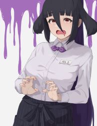 Rule 34 | 1girl, absurdres, alternate costume, apron, black apron, black hair, bow, bowtie, collared shirt, dripping, drooling, fukayama (0ppaityuki), hair between eyes, hands up, highres, long hair, long sleeves, mouth drool, name tag, open mouth, red eyes, shirt, sidelocks, solo, standing, striped apron, striped clothes, upper body, waitress, white background, white shirt, yamada tae, zombie land saga