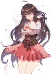 Rule 34 | 1girl, ahoge, blush, bow, brown hair, holding, holding clothes, holding skirt, long hair, looking at viewer, original, petals, pink bow, purple eyes, simple background, skirt, smile, solo, standing, very long hair, white background, zuizi