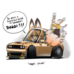 Rule 34 | 2girls, absurdres, animal ears, brown car, car, chibi, commentary, commission, dodge (company), dodge challenger, dodge challenger (3rd generation), drifting, driving, english commentary, english text, hair behind ear, highres, holeecrab, kemono friends, looking at viewer, motion blur, motor vehicle, multiple girls, muscle car, romaji text, serval (kemono friends), siberian tiger (kemono friends), smile, smoke, vehicle focus, white background